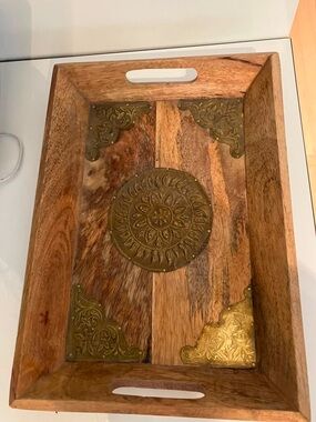 Decorative Wooden Serving Tray with Brass Accents - Brown Home Decor